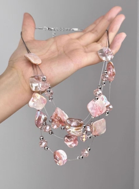夸张碎石多层2025年项链女小众独特粉色不规则锁骨链叠戴新款法式