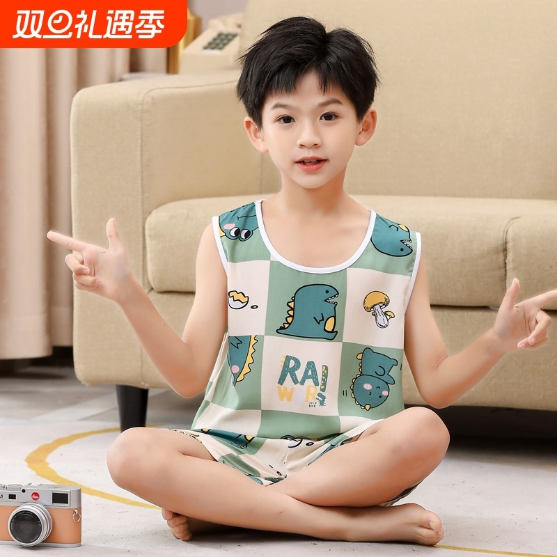 夏天儿童家居服背心套装绵绸睡衣薄款男童空调服坎肩无袖套装棉绸