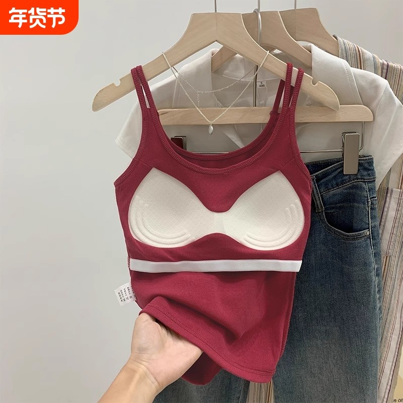 内搭吊带背心女春夏外穿2025新款带胸垫红色美背文胸一体上衣聚拢