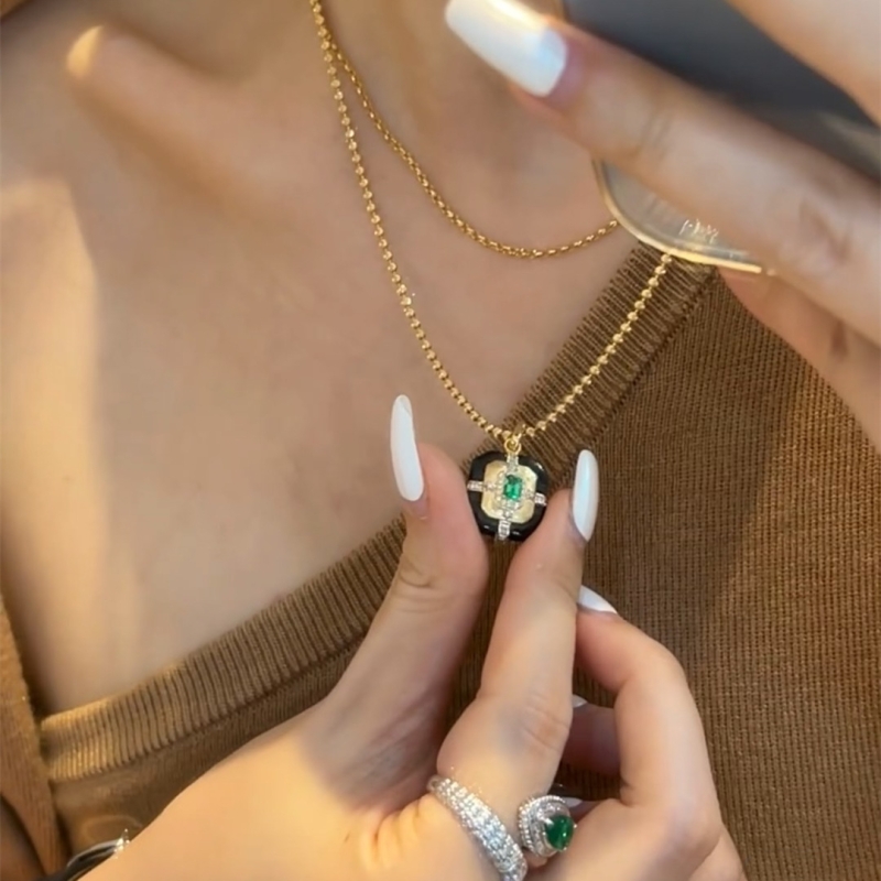 复古老钱风项链女超闪祖母绿吊坠小众设计珐琅工艺高级百搭法式