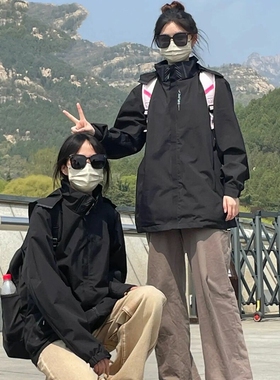 NASA冲锋衣男女户外登山服外套可拆卸帽子防风防水夹克女内胆黑色