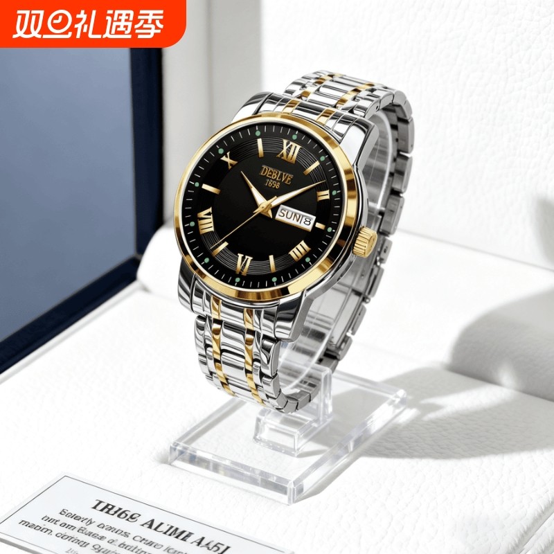 正品瑞士2024新款手表男士全自动机械风防水精钢带双日历男表夜光