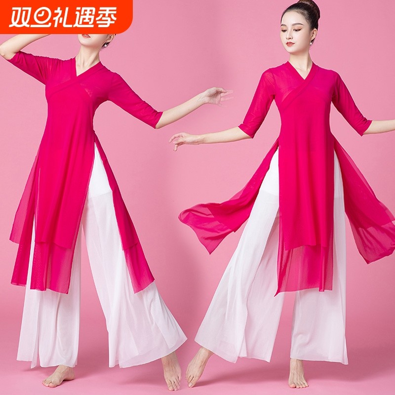 古典舞纱衣长款舞蹈练功汉服装演出显瘦阔腿裤女身韵双层飘逸纱衣