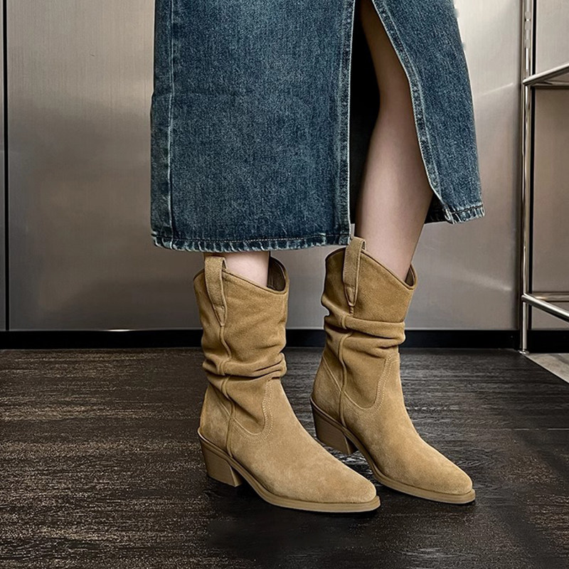 SUN QIAN ZHAO LUSI의 소가죽 버전과 같은 스타일의 짧은 부츠 여성 부츠 파일 부츠 두꺼운 굽 패션 메일라드 중반 송아지 웨스턴 부츠