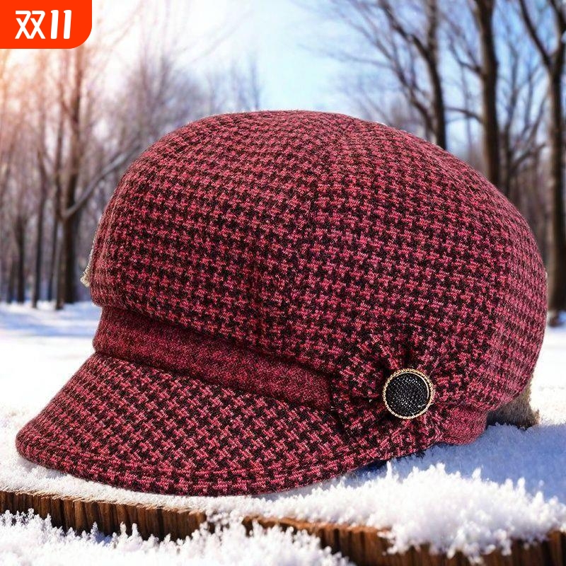秋冬季妈妈毛呢鸭舌帽中老年人帽子女老人奶奶加厚保暖老太太棉帽