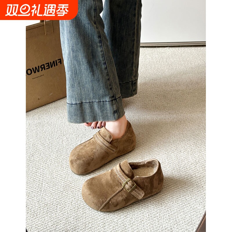 厚底内增高加绒勃肯鞋女2025秋冬新款豆豆乐福鞋一脚蹬博肯棉鞋子