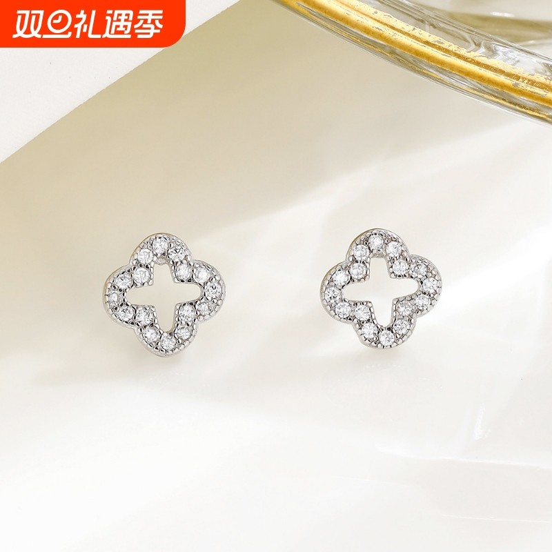 925纯银满钻镂空四叶草耳钉高级感气质饰品个性耳骨钉时尚耳环女