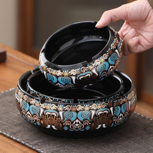 大号烟灰缸创意饕餮纹陶瓷家用复古中式客厅轻奢办公室高级感烟缸