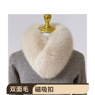 狐狸毛围巾女秋冬毛球仿皮草双面毛领围脖磁吸扣兔毛可拆卸奶茶色