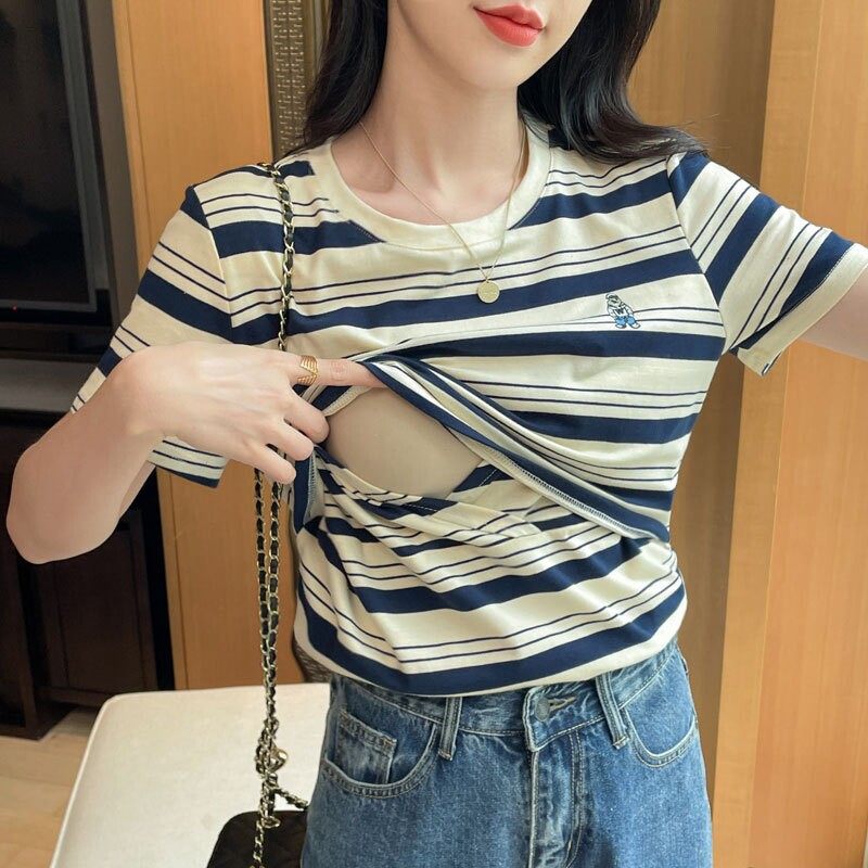 夏装外出哺乳衣辣妈款产后短袖t恤上衣女韩版休闲宽松舒适喂奶衣
