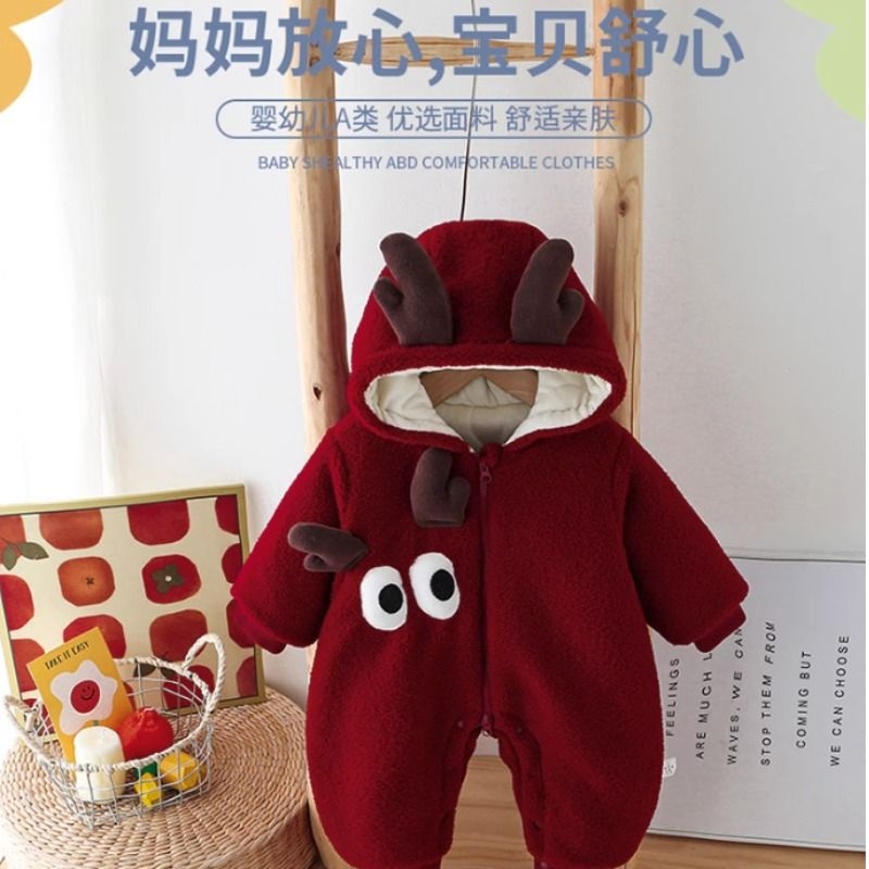 拜年服婴儿衣服秋冬季新款加绒加厚毛毛衣外出棉服宝宝连体衣外套