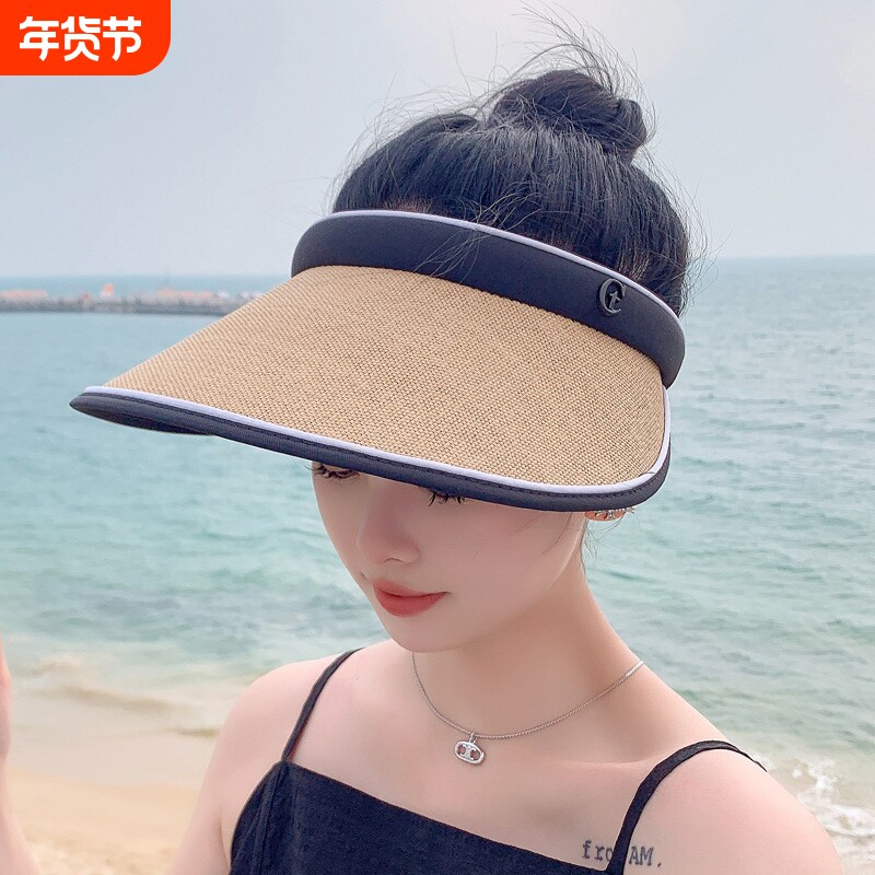 【新品】韩版ins草编鸭舌空顶帽子女春夏沙滩度假防晒遮阳无顶发