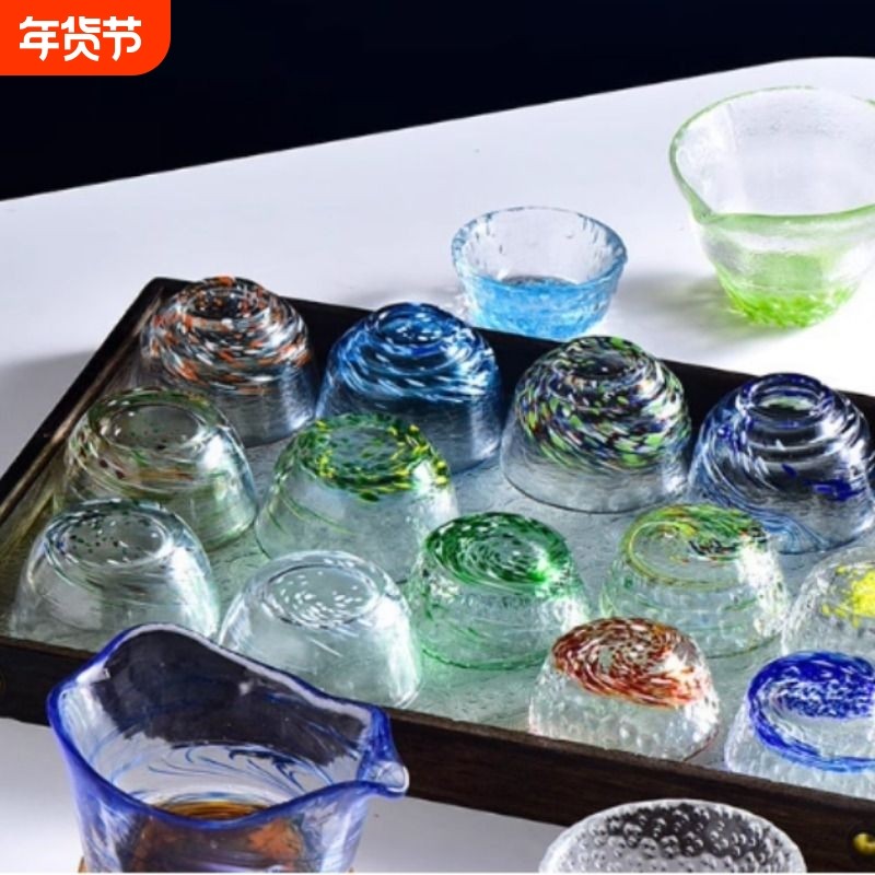 果酒杯玻璃小号玻璃彩点清酒杯子韩国烧酒杯彩色玻璃茶杯