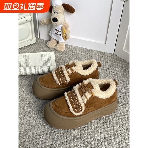 加绒魔术贴棉鞋女2025冬季新款复古厚底保暖加厚休闲板鞋毛毛鞋女