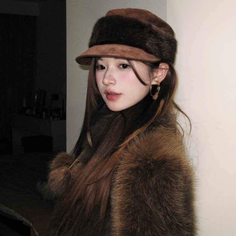 美拉德复古麂皮绒毛绒边马术帽子女秋冬保暖百搭显脸小鸭舌帽平顶