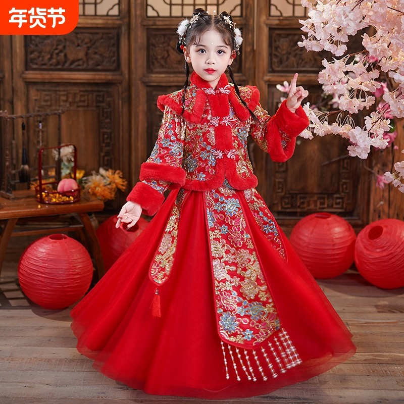 过年女童秋冬儿童唐装拜年服新年加绒中国风古装女孩冬季衣服红色