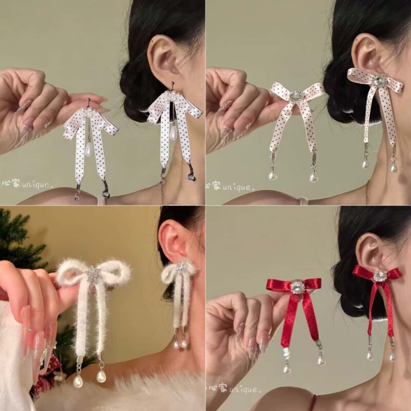 小众miu系桃乐丝·粉色波点蝴蝶结耳环日系芭蕾丝带耳饰耳夹雪花