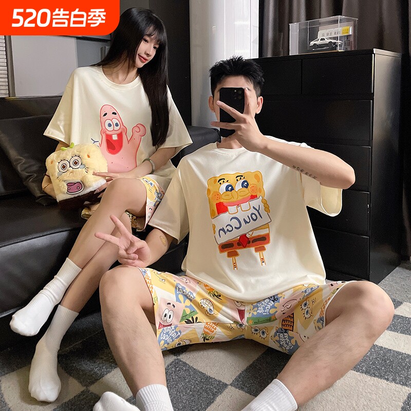 2026新款海绵宝宝情侣纯棉睡衣女款一男一女全棉短袖家居服可外穿