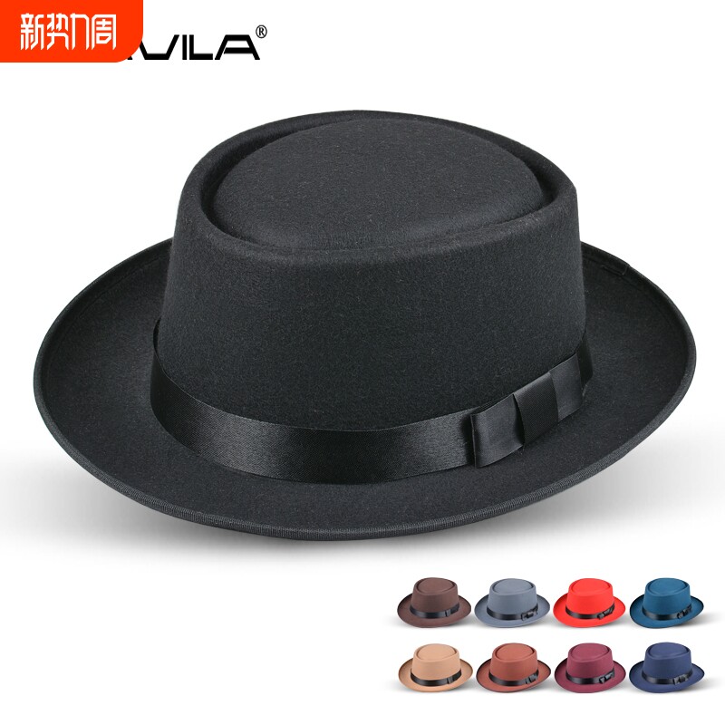 新款男士礼帽女名媛英伦复古爵士帽秋冬表演毛呢平顶黑色礼帽毡帽