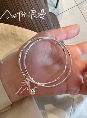 【幂琳】银手镯女纯银9999双环闭口蝴蝶结铃铛足银手镯简约百搭首