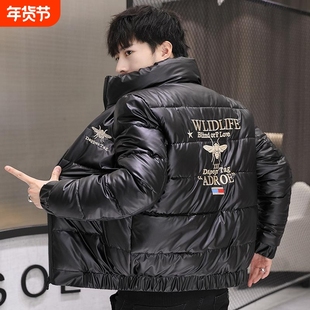 户外冬季男士羽绒服立领韩版潮流刺绣加厚保暖外套亮皮面黑色白色