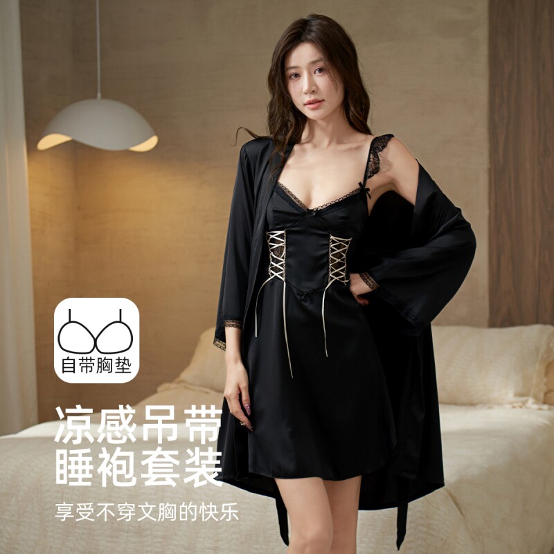 吊带睡衣女2025新款春秋冰丝诱惑老公激情风性感法式睡裙夏带胸垫