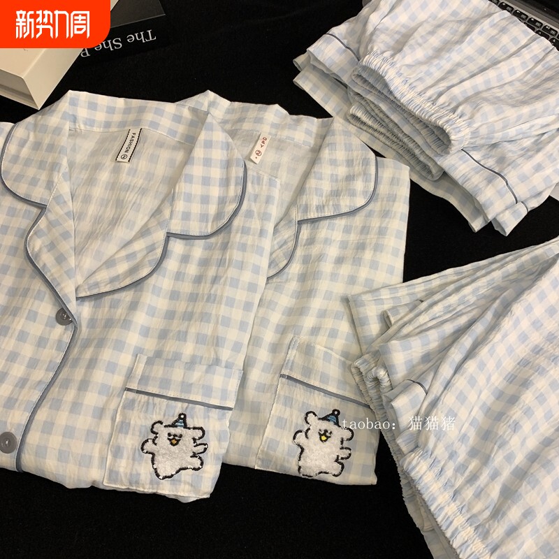 红豆卡通格子纯棉情侣睡衣女薄夏季短袖三件套宽松大码男士棉绸家