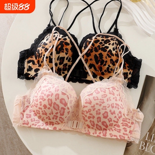 豹纹性感内衣女小胸聚拢显大夏季上托蕾丝纯欲文胸前扣无钢圈黑色