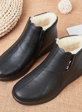冬季妈妈鞋老人棉鞋软底中老年短靴女加绒保暖靴子平底奶奶棉皮鞋