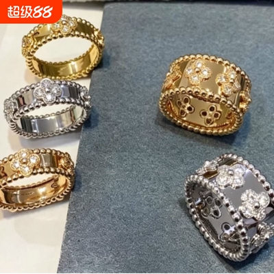 四叶草万花筒戒指女V金镀18k黄玫瑰金宽版满钻轻奢小众高级感测量