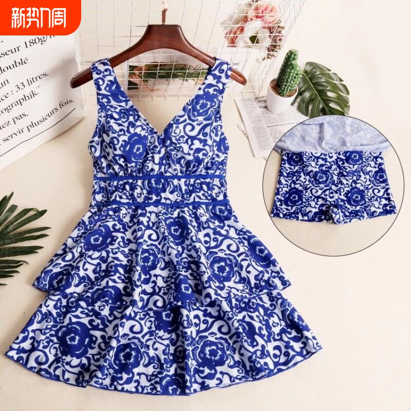 厂家批发双层荷叶边泳装印花面料遮肚女士大码连体泳衣高弹速干