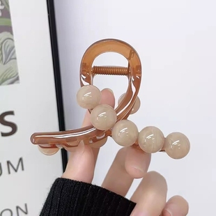 法式 醋酸透百搭抓夹淡粉色圆珠晕染发夹高级感棕色精致鲨鱼夹ins