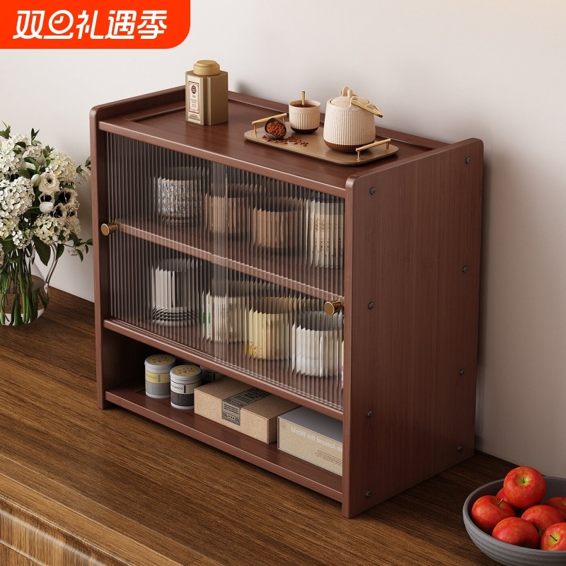 桌面杯子收纳置物架厨房楠竹餐桌收纳柜防尘储物柜杂物茶杯整理盒