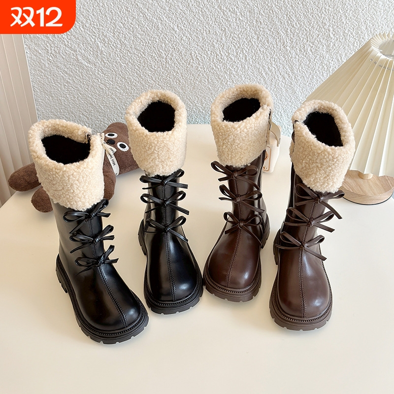 女童鞋子儿童长筒长靴子2025秋冬季新款高筒公主皮靴加绒洋气雪地
