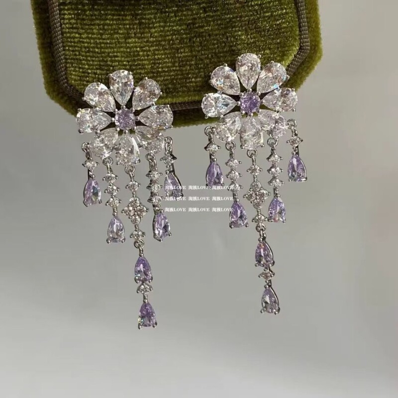 法式轻奢淡紫色浪漫花朵水滴流苏镶钻耳钉耳环耳夹耳饰女2025新款