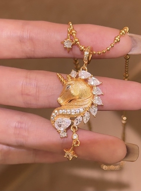 梦幻木马中古拉丝闪钻芒星独角兽吊坠项链女精致高级感锁骨链