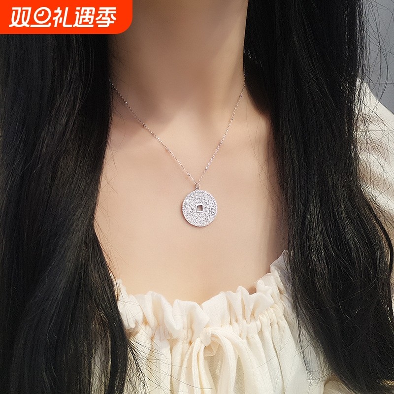 s925纯银金色山鬼花钱吊坠女古法工艺精致新中式民族风铜钱锁骨链