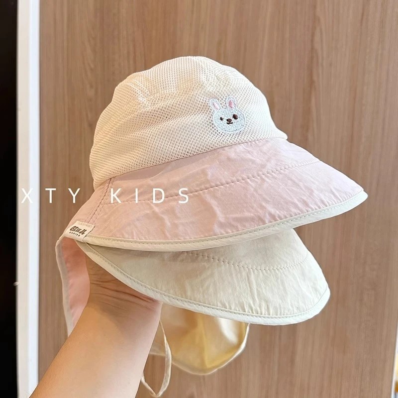 宝宝防晒帽子夏季大檐披肩婴儿遮阳帽户外全网小熊速干儿童渔夫帽