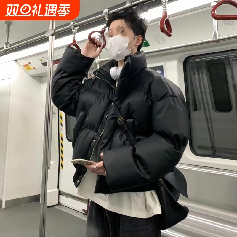 户外PU皮羽绒服小众短款冬季高级感面包服cleanfit外套加厚棉袄男