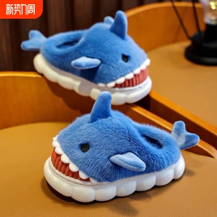 儿童棉拖鞋秋冬季男童保暖宝宝女童外穿加绒毛毛包跟棉鞋可爱蓝色