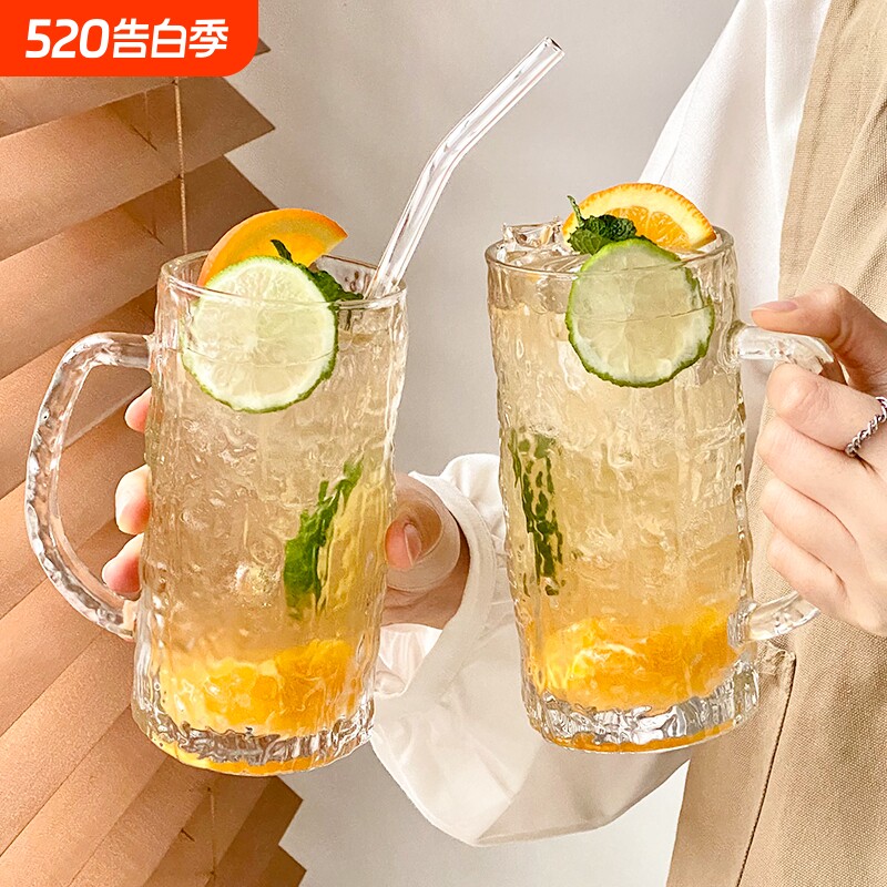 带把手玻璃杯夏季家用喝水杯啤酒杯果汁杯冷饮杯磨砂单层便携果茶