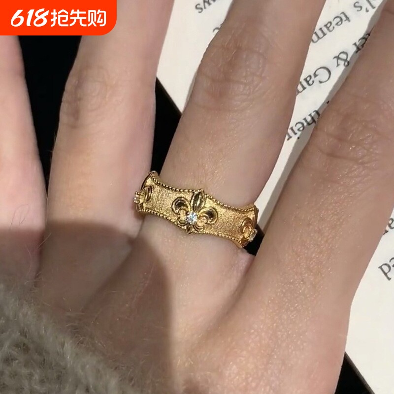 法式拉丝鸢尾花镶嵌戒指复古宫廷意大利戒指戒指手饰品开口可调节