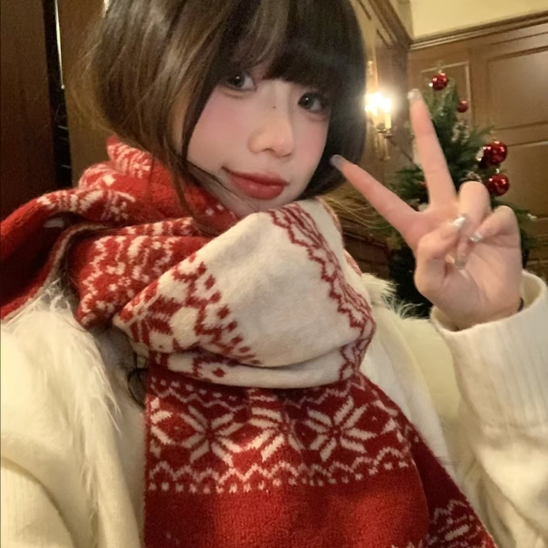 25圣诞礼物红色新年围巾女冬季针织毛线围脖加厚保暖白色黑色
