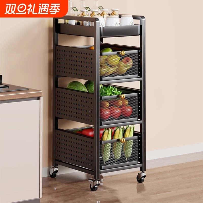 厨房置物架落地整理架抽屉式储物柜蔬菜放置架带轮推车移动果蔬