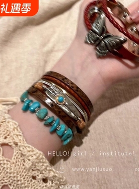 波西米亚异域民族风蝴蝶手链女重工复古叠戴绿色皮革编织绳手饰