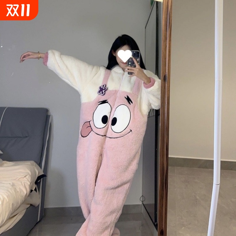 可爱派大星珊瑚绒睡衣女加绒加厚冬季新款毛绒连体睡衣家居服睡袍