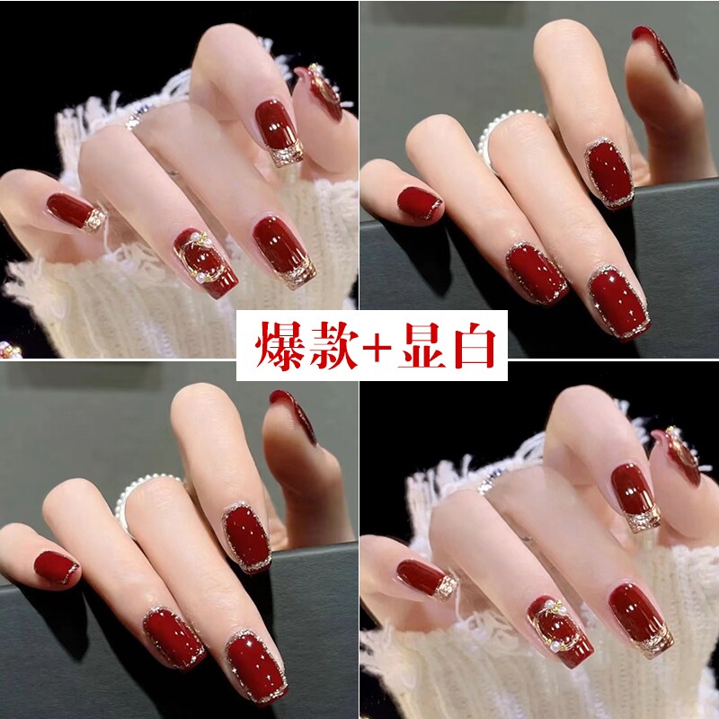 穿戴甲新年红色腮红纯欲美甲可拆卸新款秋冬显白指甲贴中长款裸色
