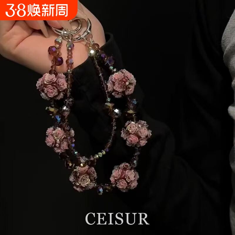 花团锦簇~复古花朵串珠手机链奢华高级小众设计精致感包包挂件