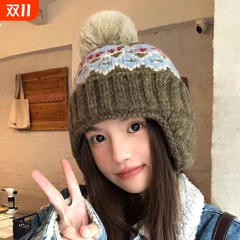 费尔岛风毛线帽女秋冬季复古百搭大头围保暖针织帽显脸小护耳帽子