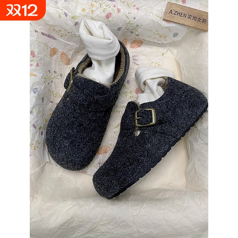 羊毛毡勃肯鞋内增高女加绒软底牛筋底棉鞋羊羔毛加棉灰色毛绒平底